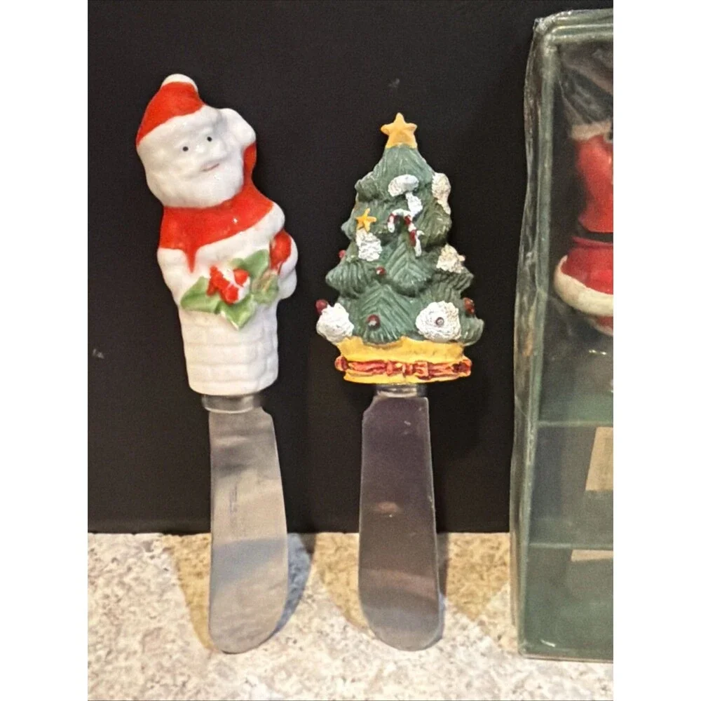6 Christmas Holiday Spreader Knives Butter Cheese Stainless Steel Japan Vintage